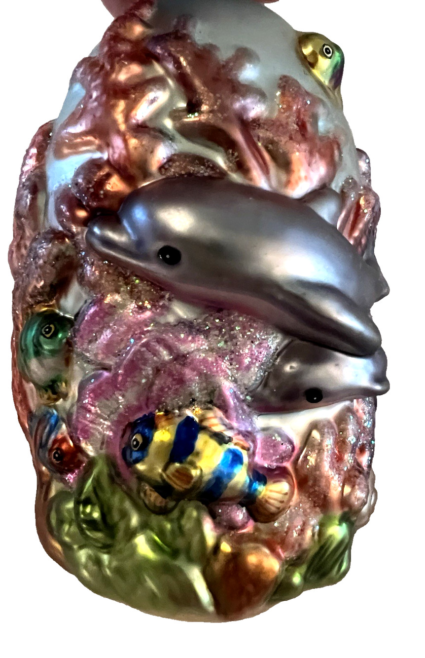 Vtg St. Nicholas Square Hand Crafted Glass Christmas Ornament Dolphin & Fish